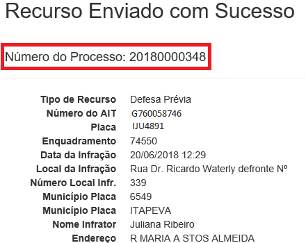 Confirmação do recurso cadastrado