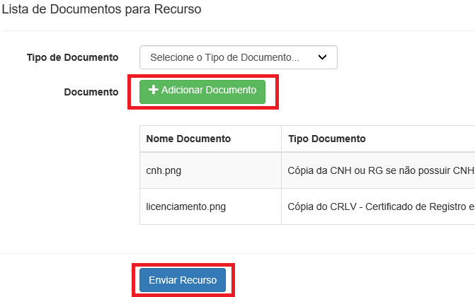 Documentos a serem anexos ao recurso