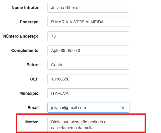 Dados para serem preenchidos no recurso